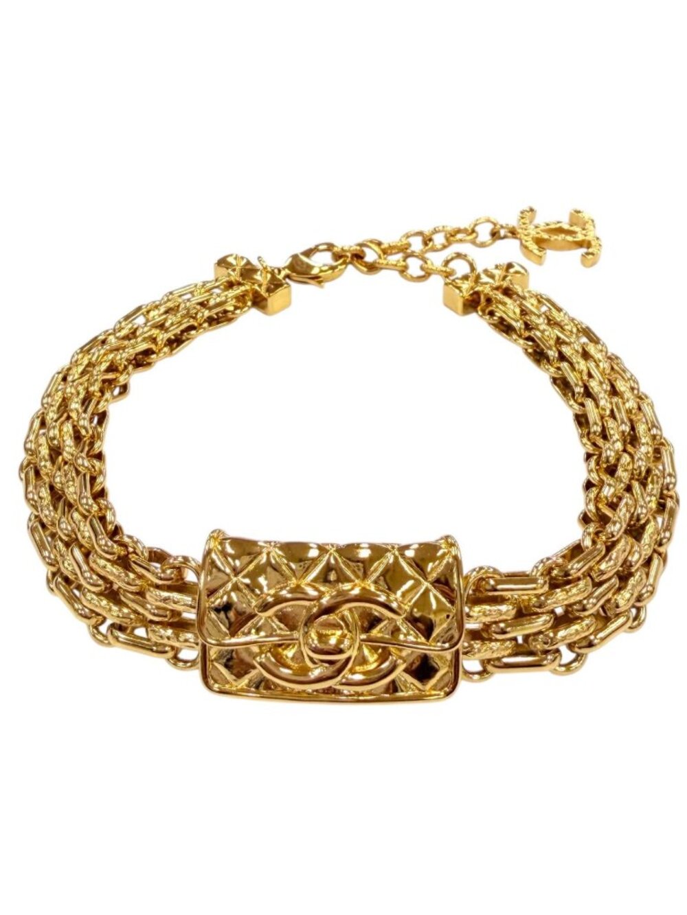 Chanel CC Logo Quilted Bag Motif Choker Necklace Gold